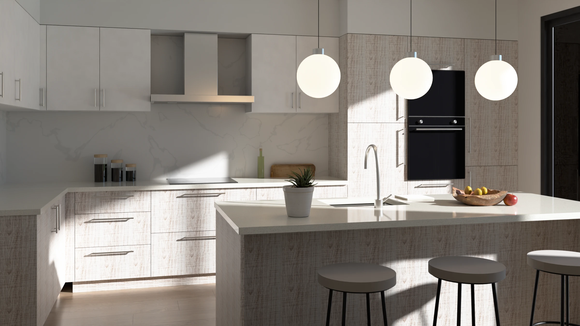 A kitchen with HDS boards: wall units, base units, tall units and an island